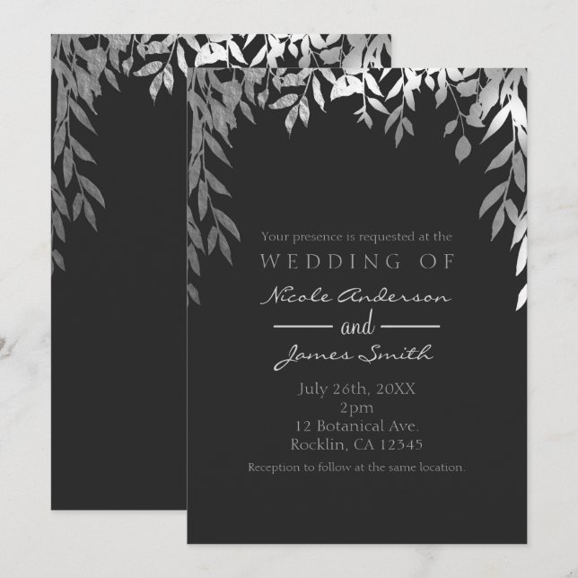 Convites Casamento Folhas Botânicas Glam Moderno Prata e Ci (Frente/Verso)