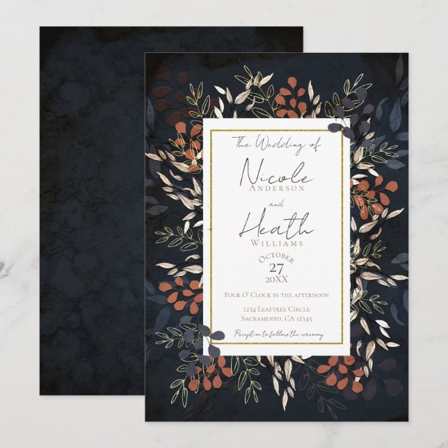 Convites Casamento Folhas Botânicas Ousado Dourado Azul Tem (Frente/Verso)