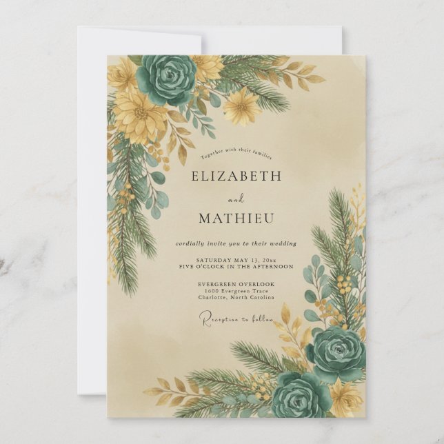 Convites Casamento Folhas Cinza Eucalipto Dourado Verde-águ (Frente)