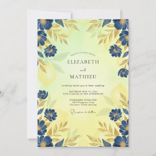 Convites Casamento Folhas Cobalto Dourado