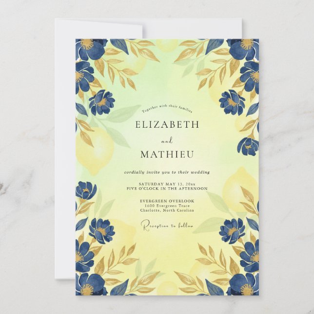 Convites Casamento Folhas Cobalto Dourado (Frente)