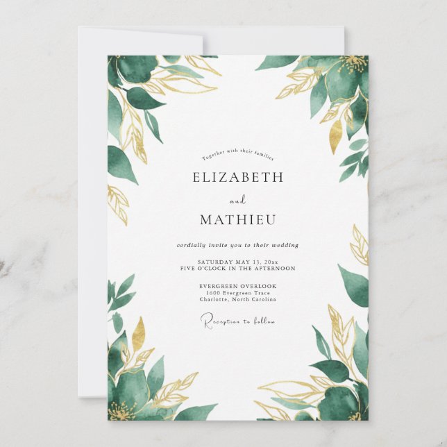 Convites Casamento Folhas de Ouro Esmeralda (Frente)