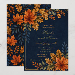 Convites Casamento Folhas de Outono Azul-Marinho