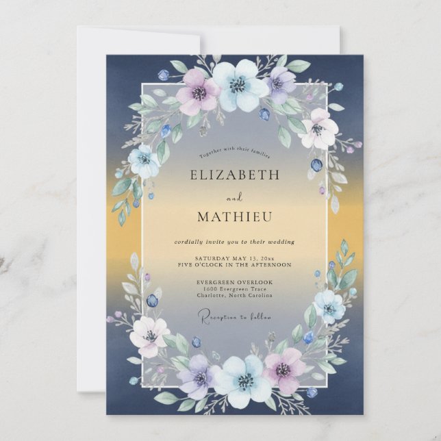 Convites Casamento Folhas Douradas da Marinha (Frente)