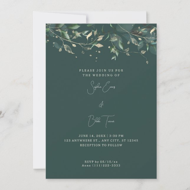 Convites Casamento Folhas e Videiras Modernas Verde Escuro (Frente)
