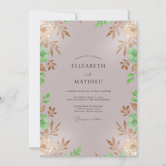 Convites Casamento Folhas Folhagem Dourada Malva (Frente)