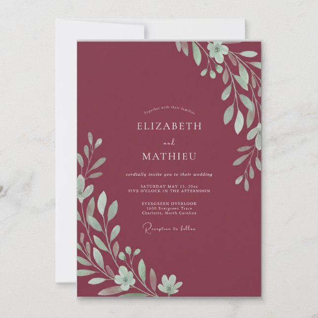 Convites Casamento Folhoso Bordeaux (Frente)