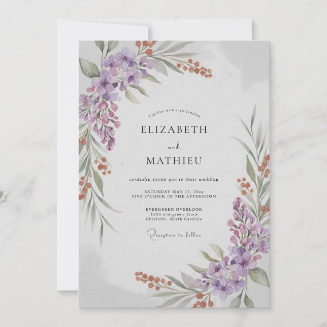 Convites Casamento Folhoso com Lilás e Ferrugem (Frente)
