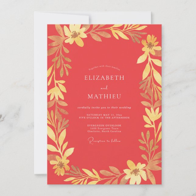 Convites Casamento Folhoso Coral Gold (Frente)