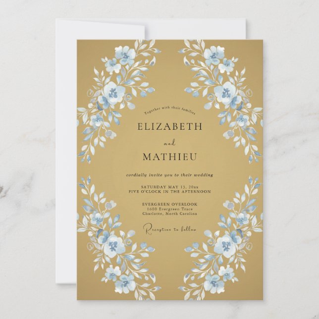 Convites Casamento Folhoso Cornflower Dourado (Frente)