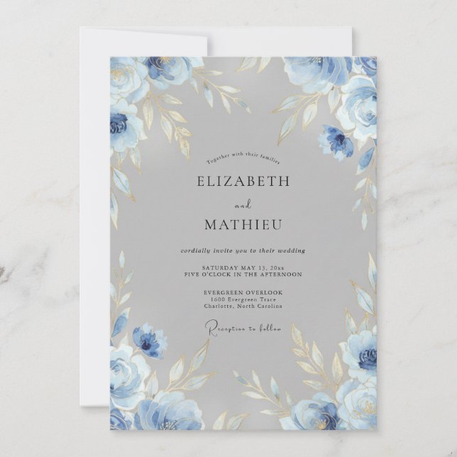 Convites Casamento Folhoso Cornflower Slate (Frente)