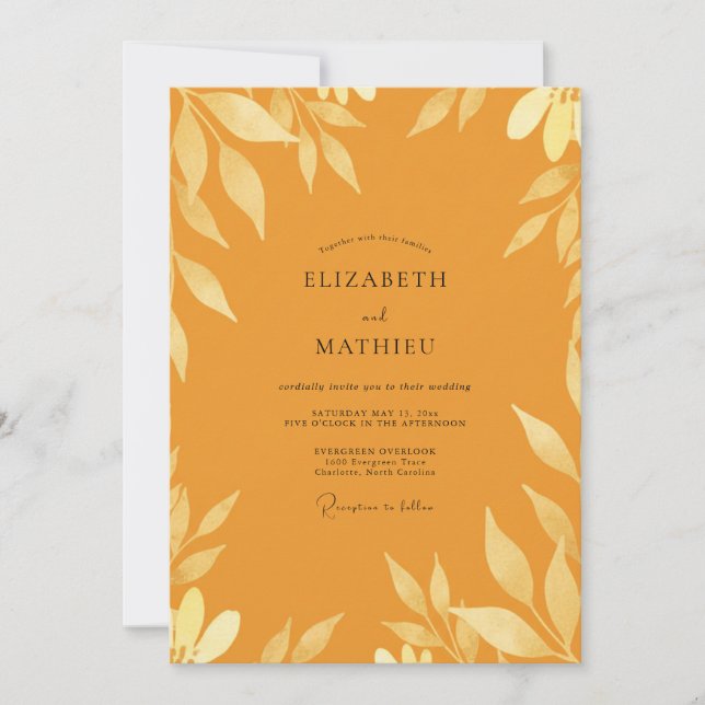 Convites Casamento Folhoso de Mostarda Ocre (Frente)