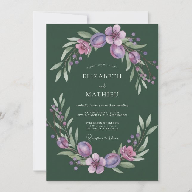 Convites Casamento Folhoso de Plum Moss (Frente)
