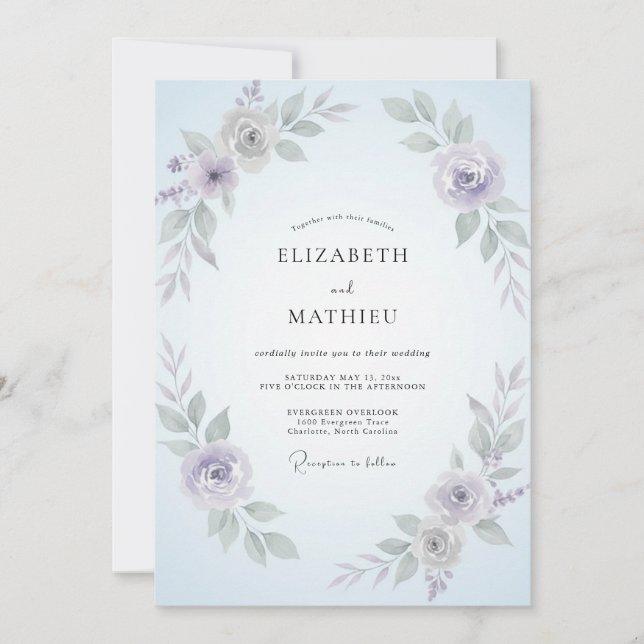 Convites Casamento Folhoso de Vinca Azul-Celeste (Frente)