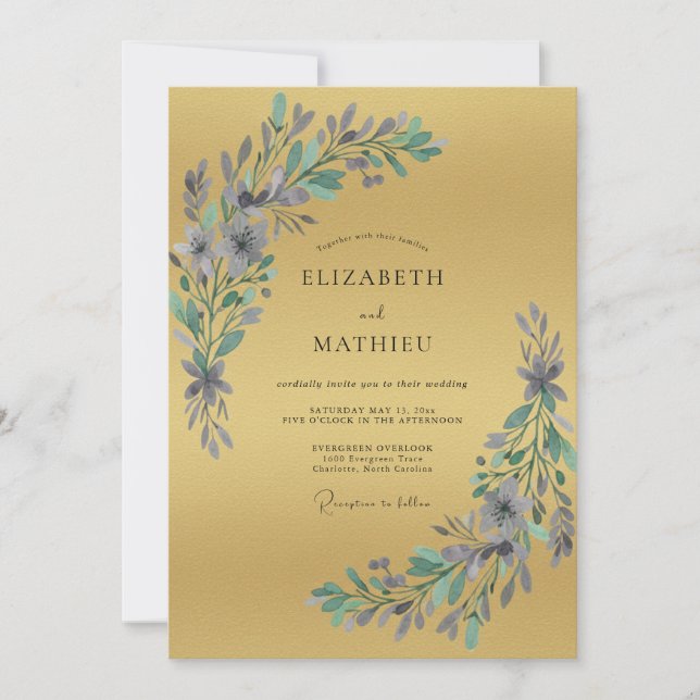 Convites Casamento Folhoso Dourado de Vinca (Frente)