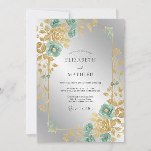 Convites Casamento Folhoso Dourado e Menta