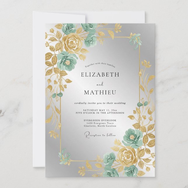 Convites Casamento Folhoso Dourado e Menta (Frente)