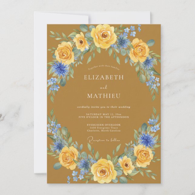 Convites Casamento Folhoso Ochre Cornflower (Frente)