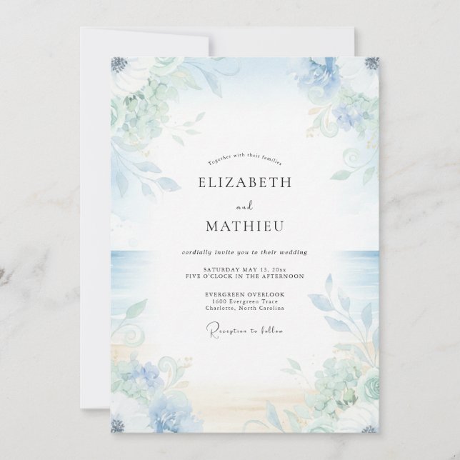 Convites Casamento Folhoso Periwinkle Celadon (Frente)