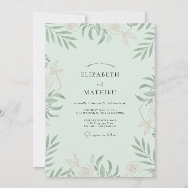 Convites Casamento Folhoso Seafoam Sage (Frente)