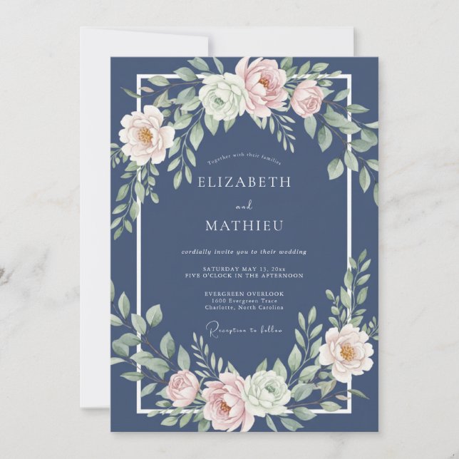 Convites Casamento Formal Atemporal Azul Marinho (Frente)