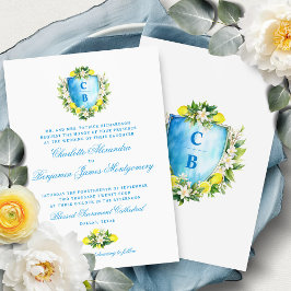 Convites Casamento Formal Azul Floral Crest Monograma Limõe