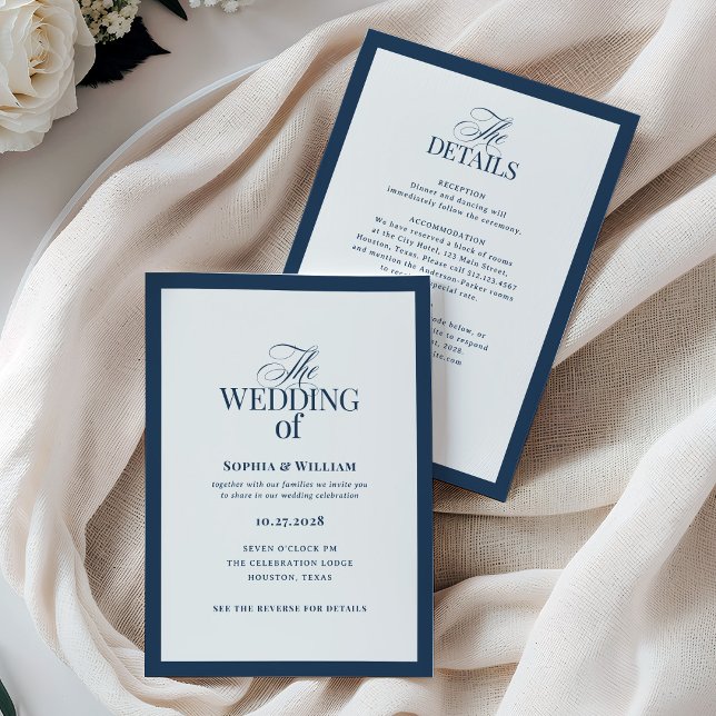 Convites Casamento Formal Azul Marinho com Código QR de RSV (Criador carregado)