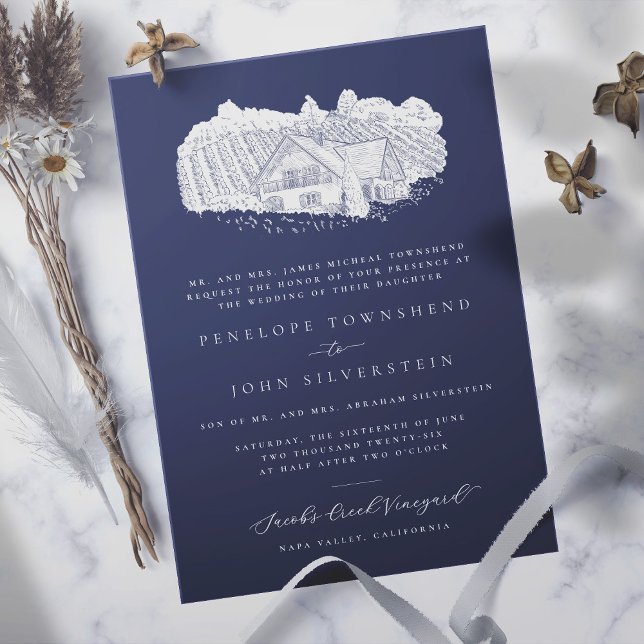 Convites Casamento Formal Azul Marinho de Desenho do Elegan (navy blue formal wedding invitation with an illustration of a vineyard)