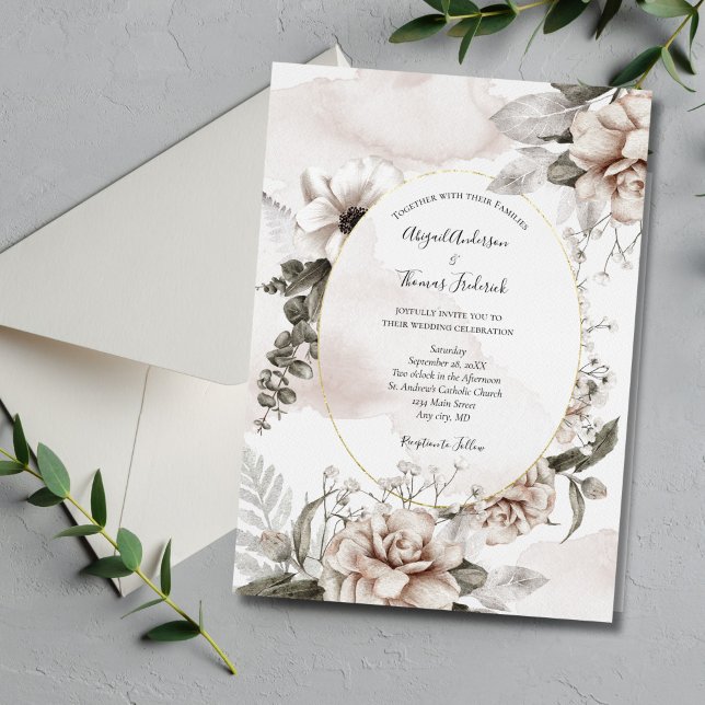 Convites Casamento Formal Botânico Elegante Botânico Floral (Blush Pink Gray Floral Watercolor Wedding Invitation. Elegant and Classic.)