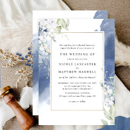 Convites Casamento Formal Branco, Azul Marinho Floral