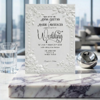 Convites Casamento Formal Branco com Floral Embutido