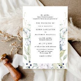 Convites Casamento Formal Branco e Azul Floral Elegante