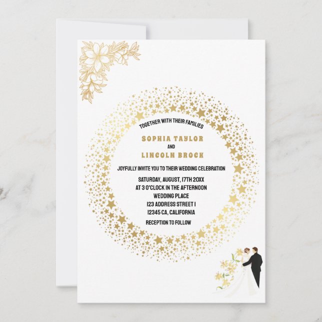 Convites Casamento Formal, Branco Elegante e Monograma Dour (Frente)