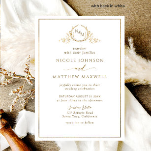Convites Casamento Formal, Branco Elegante e Monograma Dour