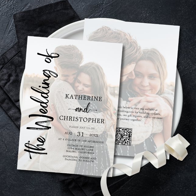 Convites Casamento Formal Branco Preto com Foto de Script E (Bold Script Black and White Wedding Invitation with Two Photos, QR Code for Wedding Website.)
