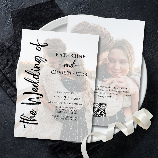Convites Casamento Formal Branco Preto com Foto de Script E (Black and White Elegant Bold Script 2-Photo Wedding Invitation with QR Code for Wedding Website.)