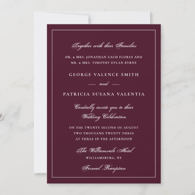 Convites Casamento Formal Burgundy de Traje a Rigor Tradici (Frente)
