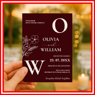 Convites Casamento Formal Burgundy & Marfim com Florais Ele