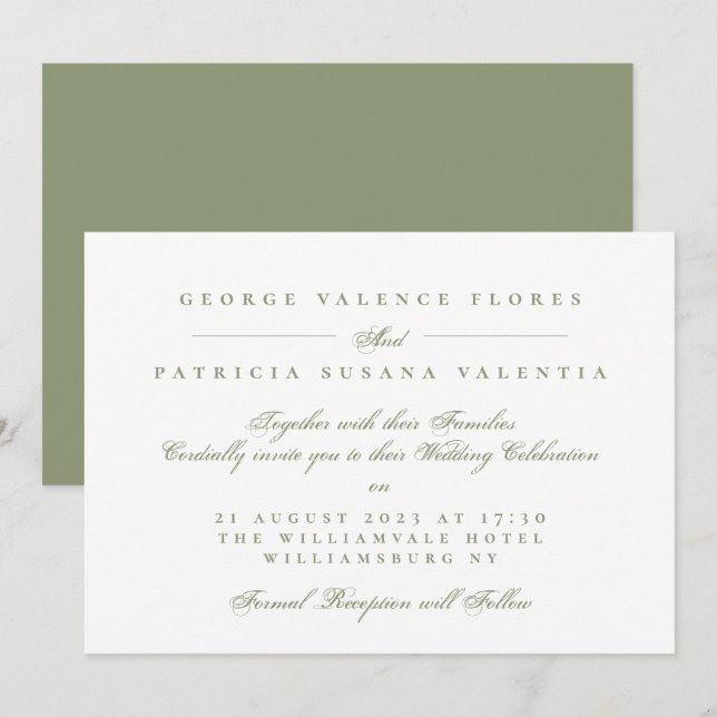 Convites Casamento Formal Caligrafia Verde Musgo (Frente/Verso)