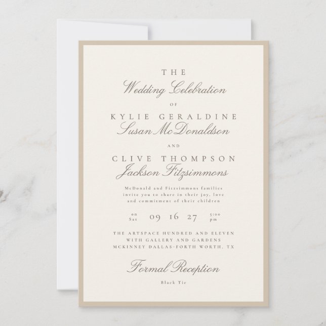 Convites Casamento Formal Champanhe Bege Marfim (Frente)