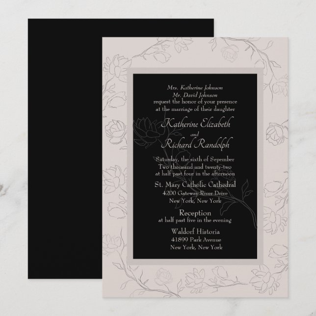 Convites Casamento Formal Champanhe e Jasmine Preto (Frente/Verso)