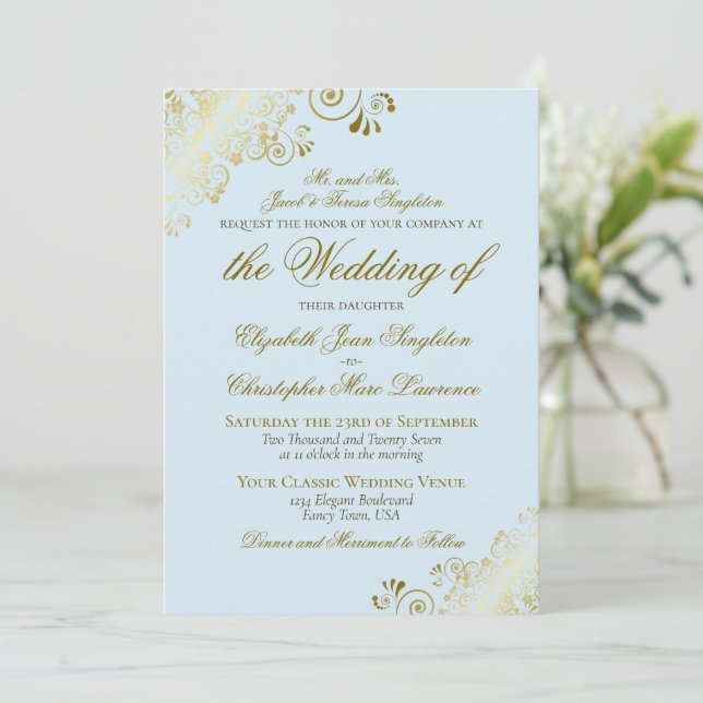 Convites Casamento Formal Clássico Azul Pó e Dourado Elegan (Em pé/Frente)