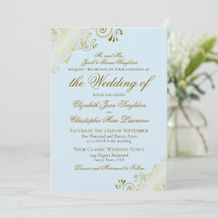 Convites Casamento Formal Clássico Azul Pó e Dourado Elegan
