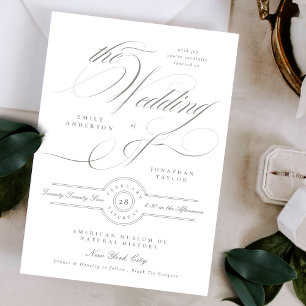 Convites Casamento Formal Clássico Caligrafia Cinza Verde