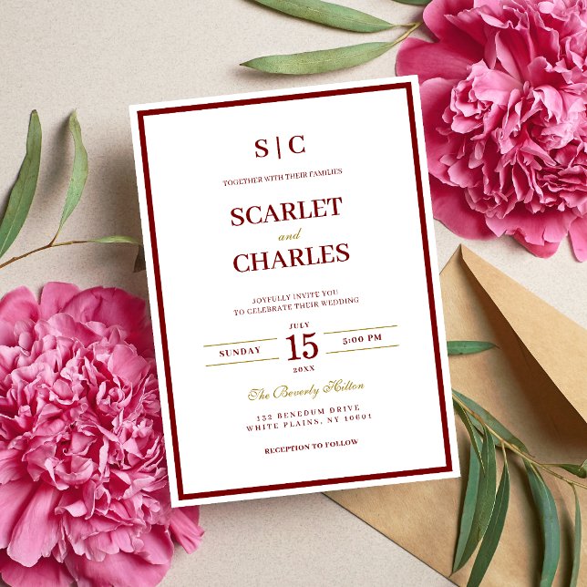 Convites Casamento Formal Clássico com Monograma em Borgonh (Burgundy and gold monogram wedding invitation sets a refined tone for your special day.)