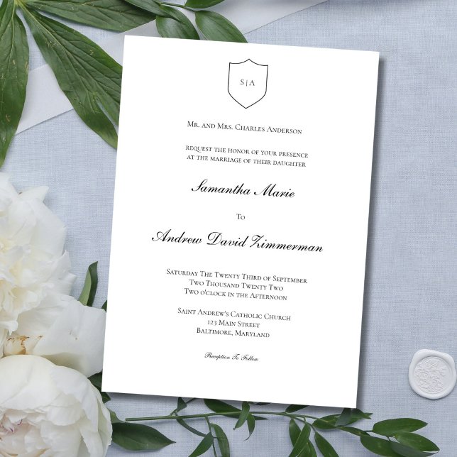 Convites Casamento Formal Clássico com Monograma Tradiciona (Traditional Monogram Classic Elegant Black White Wedding Invitation)