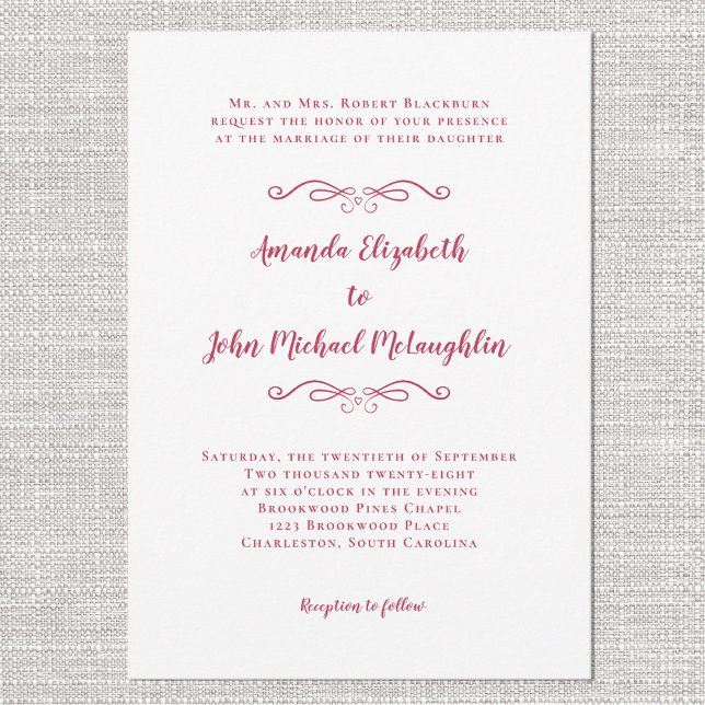 Convites Casamento Formal Clássico de Script Vermelho Magen (Elegant Magenta Red Script Classic Formal Wedding Invitation)