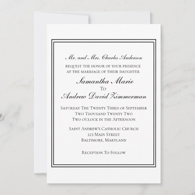 Convites Casamento Formal Clássico Elegante Borda Preta e B (Frente)