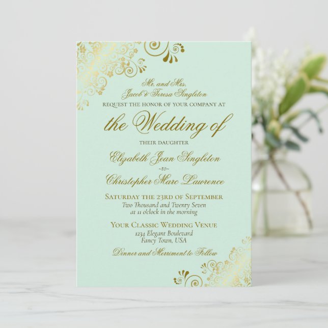Convites Casamento Formal Clássico Elegante Verde e Dourado (Em pé/Frente)