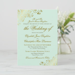 Convites Casamento Formal Clássico Elegante Verde e Dourado
